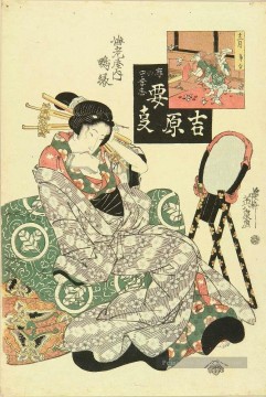 portrait Tableau Peinture - Portrait de la courgane KAMOEN de ebiya relaxant sur le futon plié 1825 Keisai. Ukiyoye